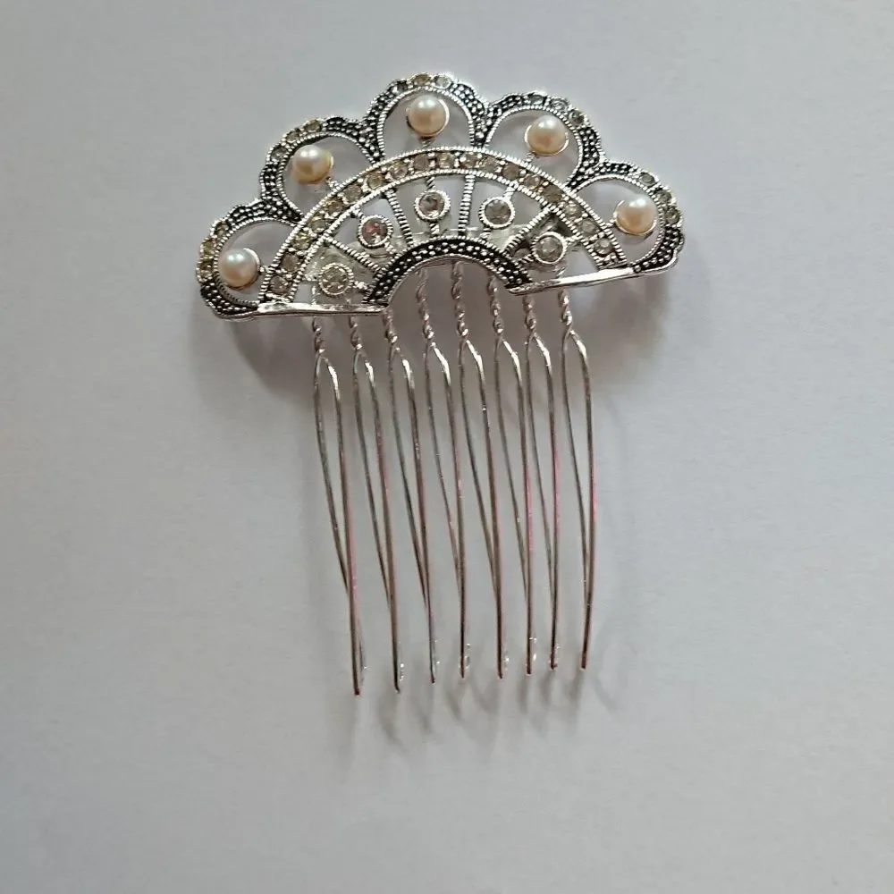 Fan Shaped Comb with crystals and pearls